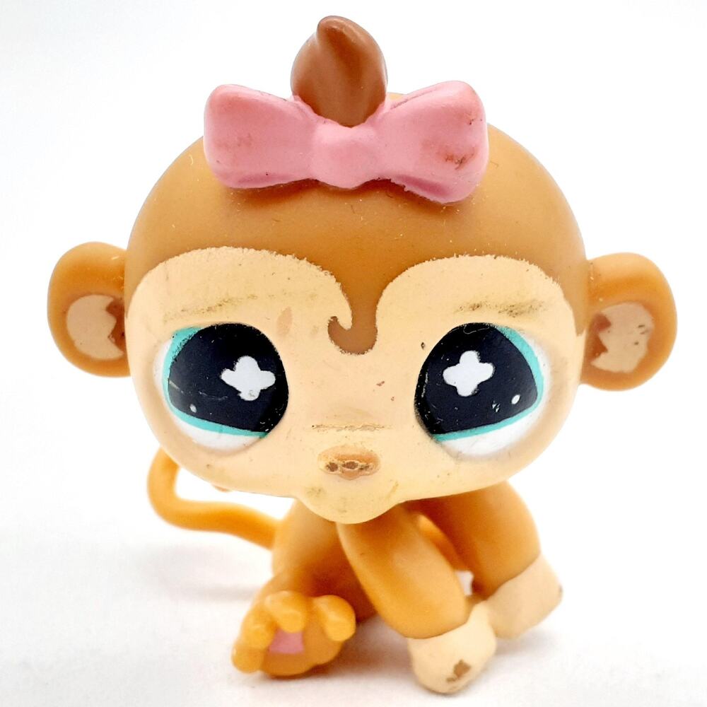 Littlest Pet Shop Monkey Mini Figure Brown Pink Bow Blue Eyes Hasbro LPS Toy